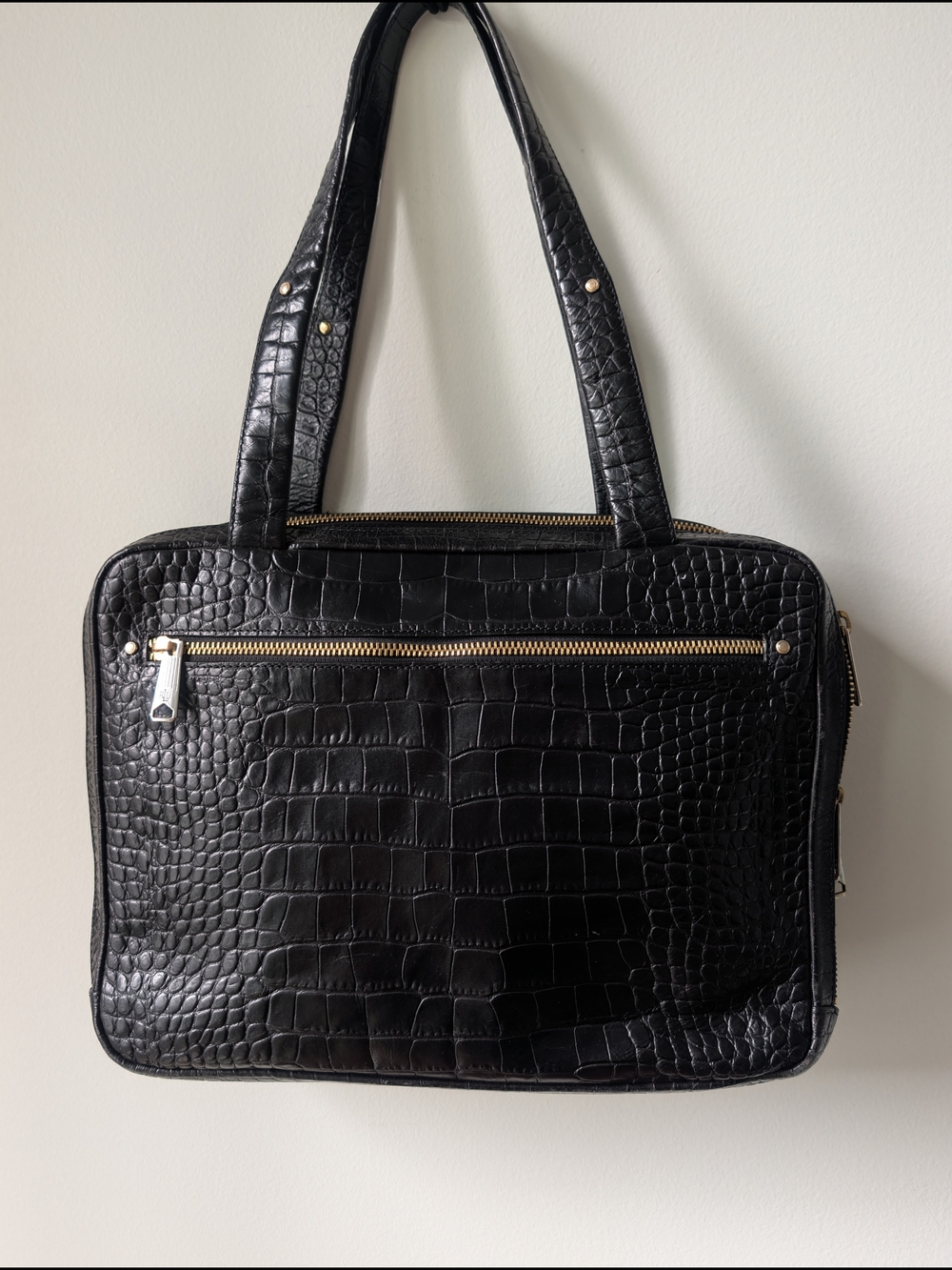 Lauren Ralph Lauren Black Embossed Croc Leather Double Zip Briefcase Tote Bag - Picture 2 of 8